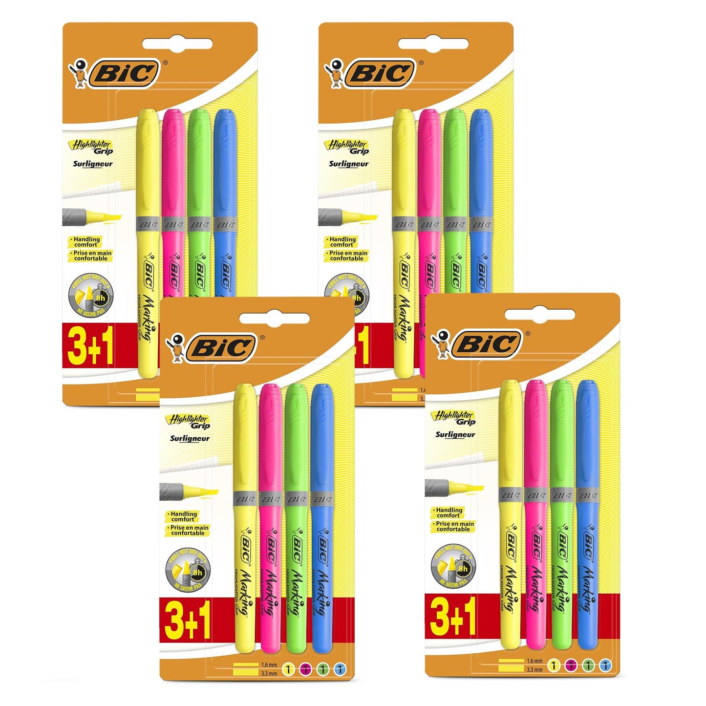 BIC Briteliner Grip Highlighters - Yellow/Blue/Green/Pink (Pack of 4)