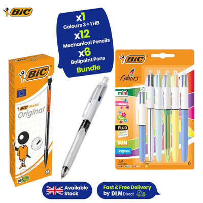 BIC 12x Matic Pencils & 4 Colours Pen with HB Lead & 6x 4 Colours Assorted Pens