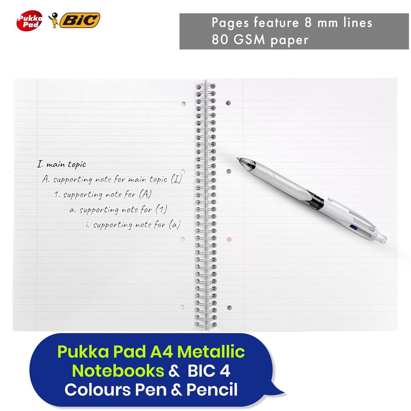 Pukka Pad 3x A4 Jotta Notebook & BIC 4 Colours Ballpoint Pen 3 + 1 HB Pencil Ideal for School and Office Use