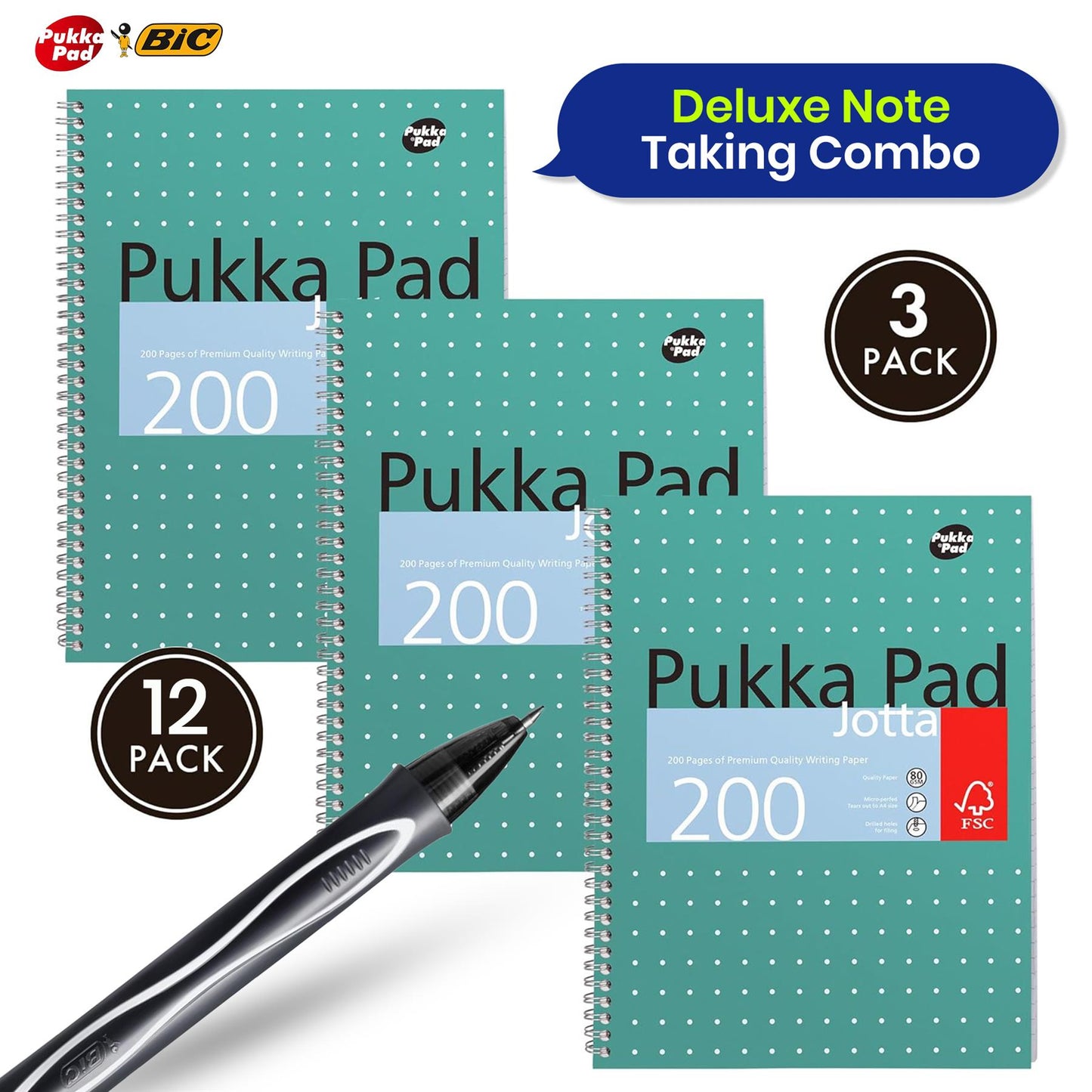 Pukka Pad, A4 Metallic Jotta Book 3 Pack � 21 x 30cm + BIC Gel-ocity Quick Dry Ballpoint Pens, Medium Point (0.7 mm) and Fast Drying Black Colour Ink, Box of 12