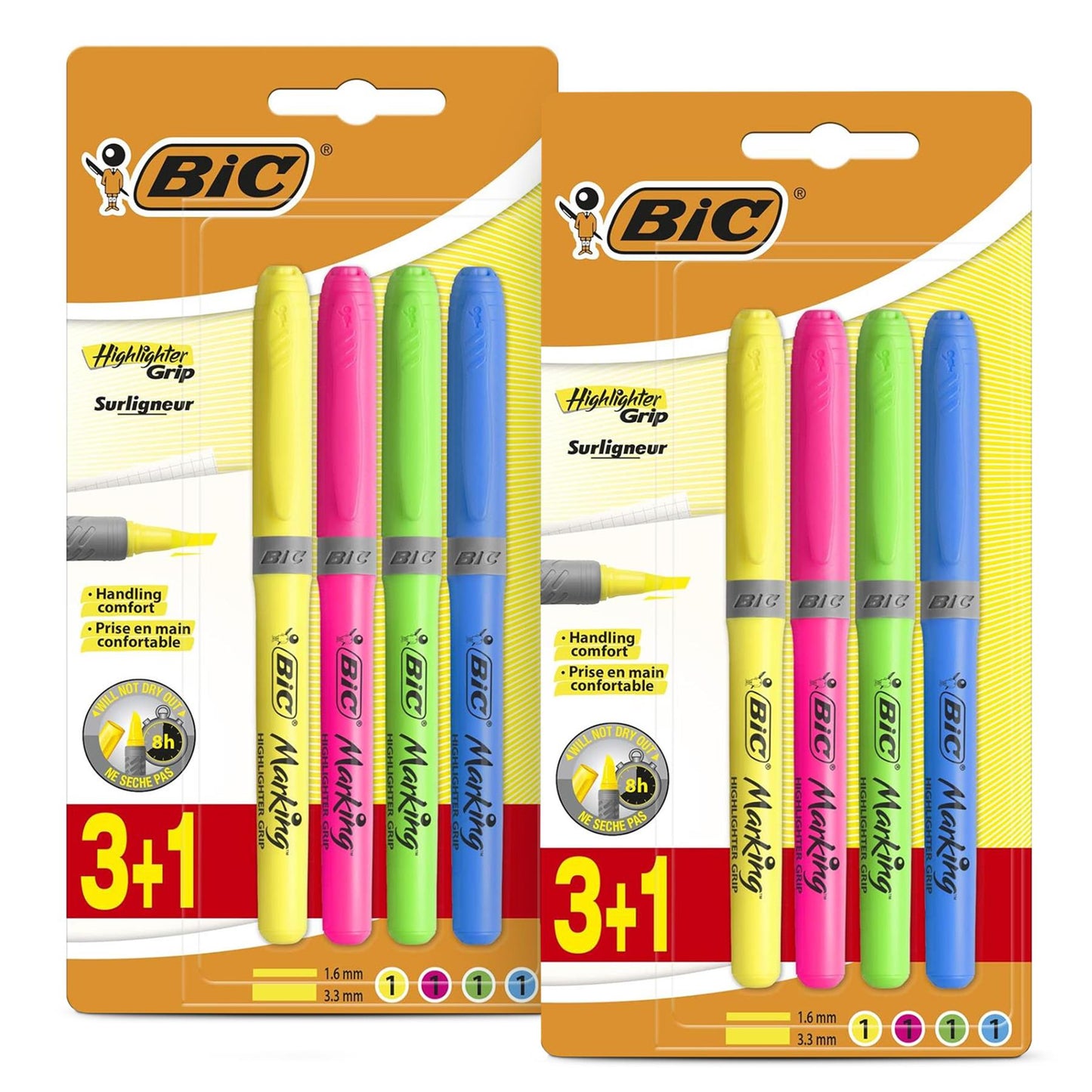 BIC Briteliner Grip Highlighters - Yellow/Blue/Green/Pink (Pack of 4)