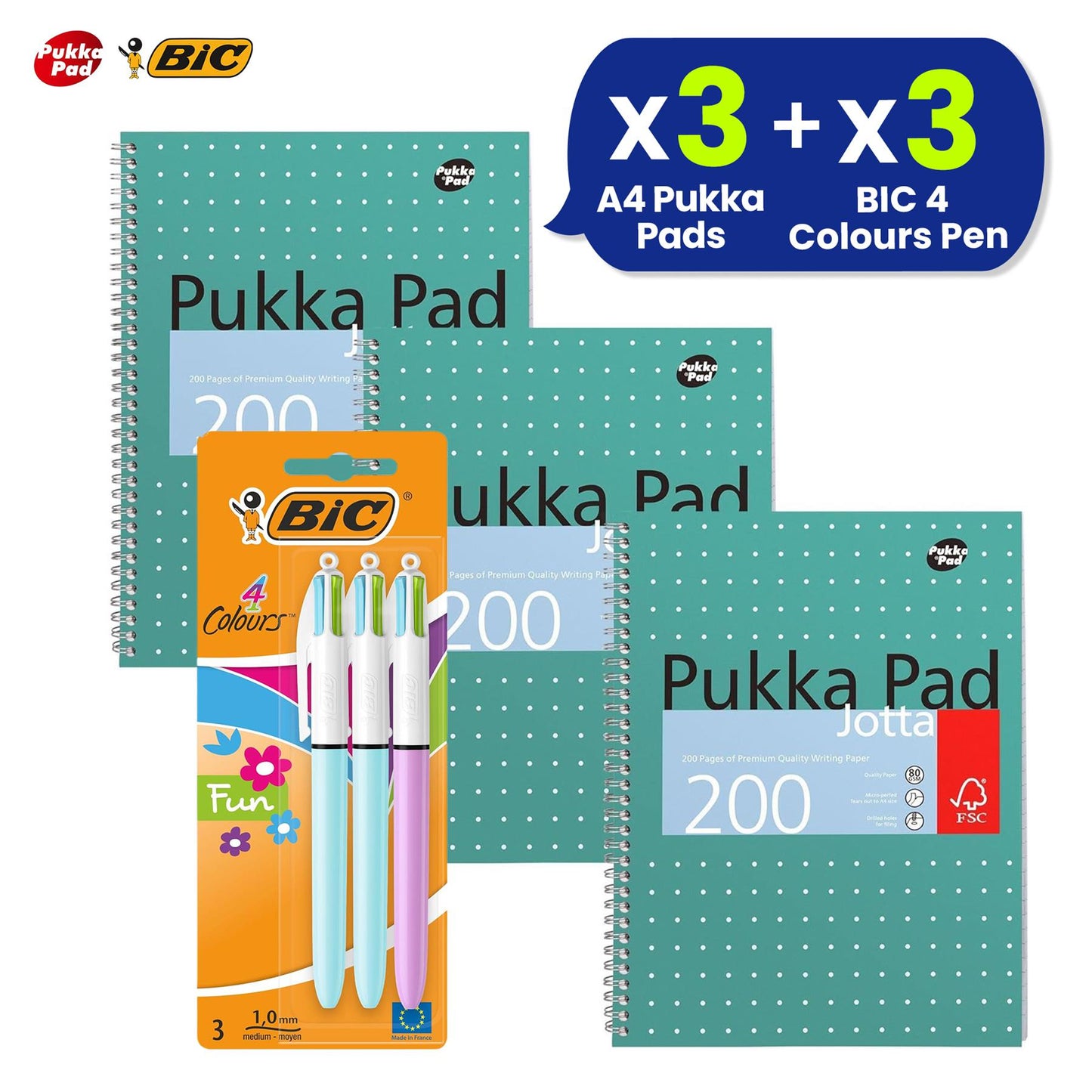 Pukka Pad 3x A4 Jotta Notebook & 3x BIC 4 Colours Fun Pens 1.0mm Medium Tip Ideal for School and Office Use