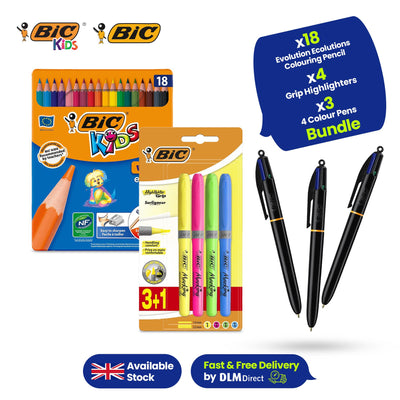 BIC 18 Kids Colouring Pencils, 3 Four-Colour Retractable Ballpoint Pens, & 4 Grip Highlighters for School & Office