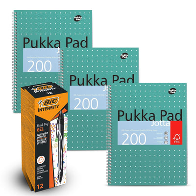 Pukka Pad, A4 Metallic Jotta Book 3 Pack � 21 x 30cm + BIC Gel-ocity Quick Dry Ballpoint Pens, Medium Point (0.7 mm) and Fast Drying Black Colour Ink, Box of 12