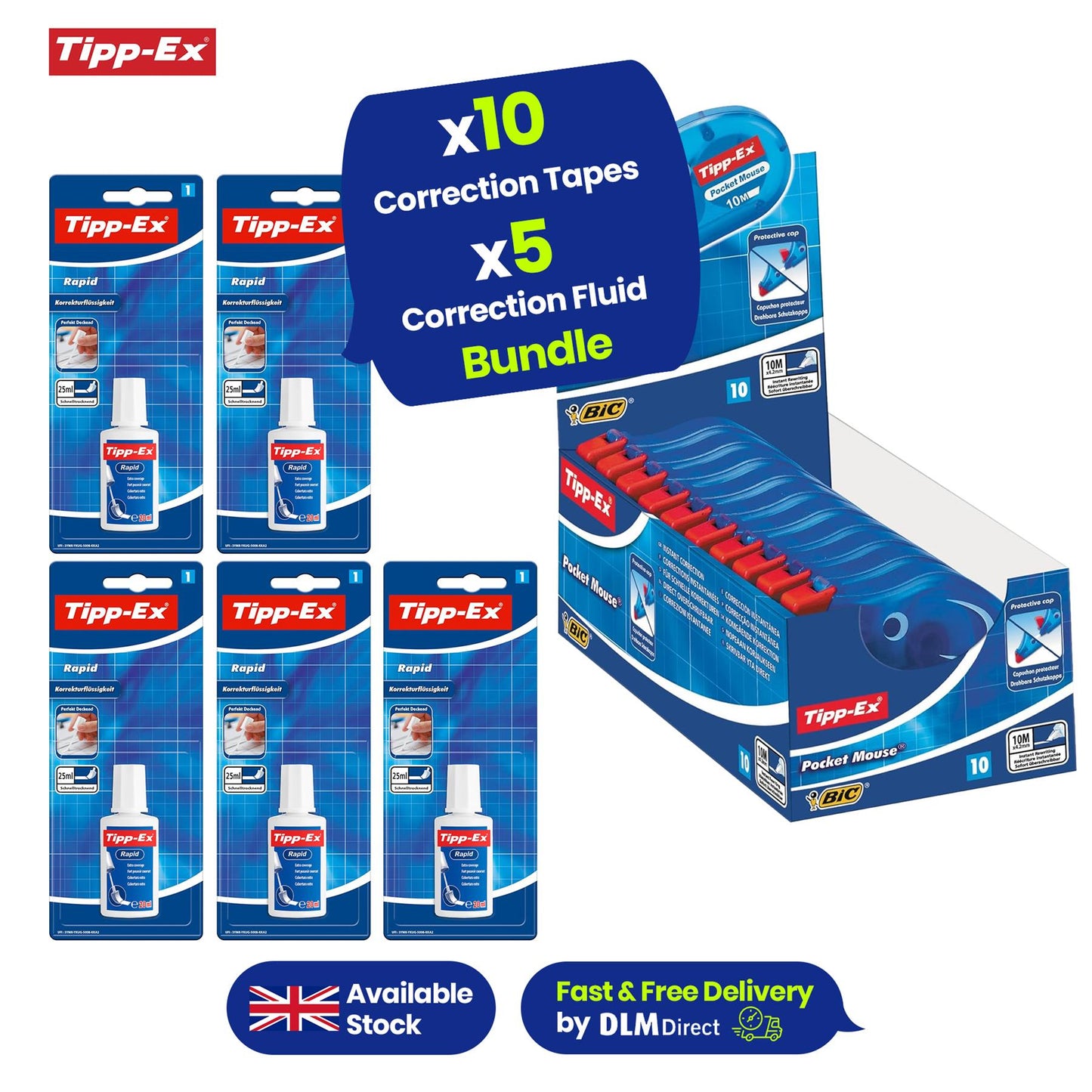 BIC Tipp-Ex Pocket Mouse Pack of 10 & 5x TIPP-EX Rapid Foam Correction Fluid White