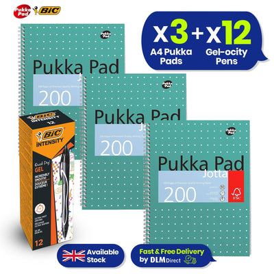 Pukka Pad, A4 Metallic Jotta Book 3 Pack � 21 x 30cm + BIC Gel-ocity Quick Dry Ballpoint Pens, Medium Point (0.7 mm) and Fast Drying Black Colour Ink, Box of 12