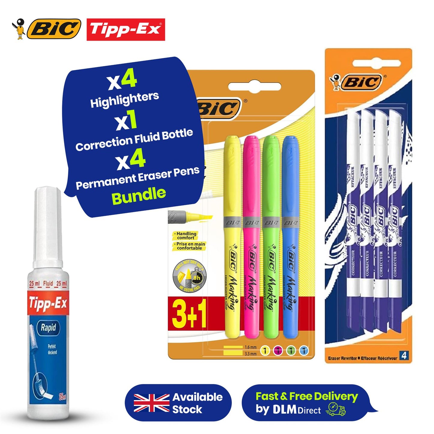 BIC Briteliner Grip Highlighters - Yellow/Blue/Green/Pink (Pack of 4) + BIC Ink Eater Permanent Eraser Pens - Blister Pack of 4 +Tipp-Ex Fluid 20ml - Pack of 1