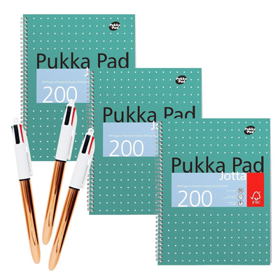 Pukka Pad 3x A4 Jotta Notebook & BIC 4 Colours Pens Rose Gold Pack of 3 Ideal for School and Office Use