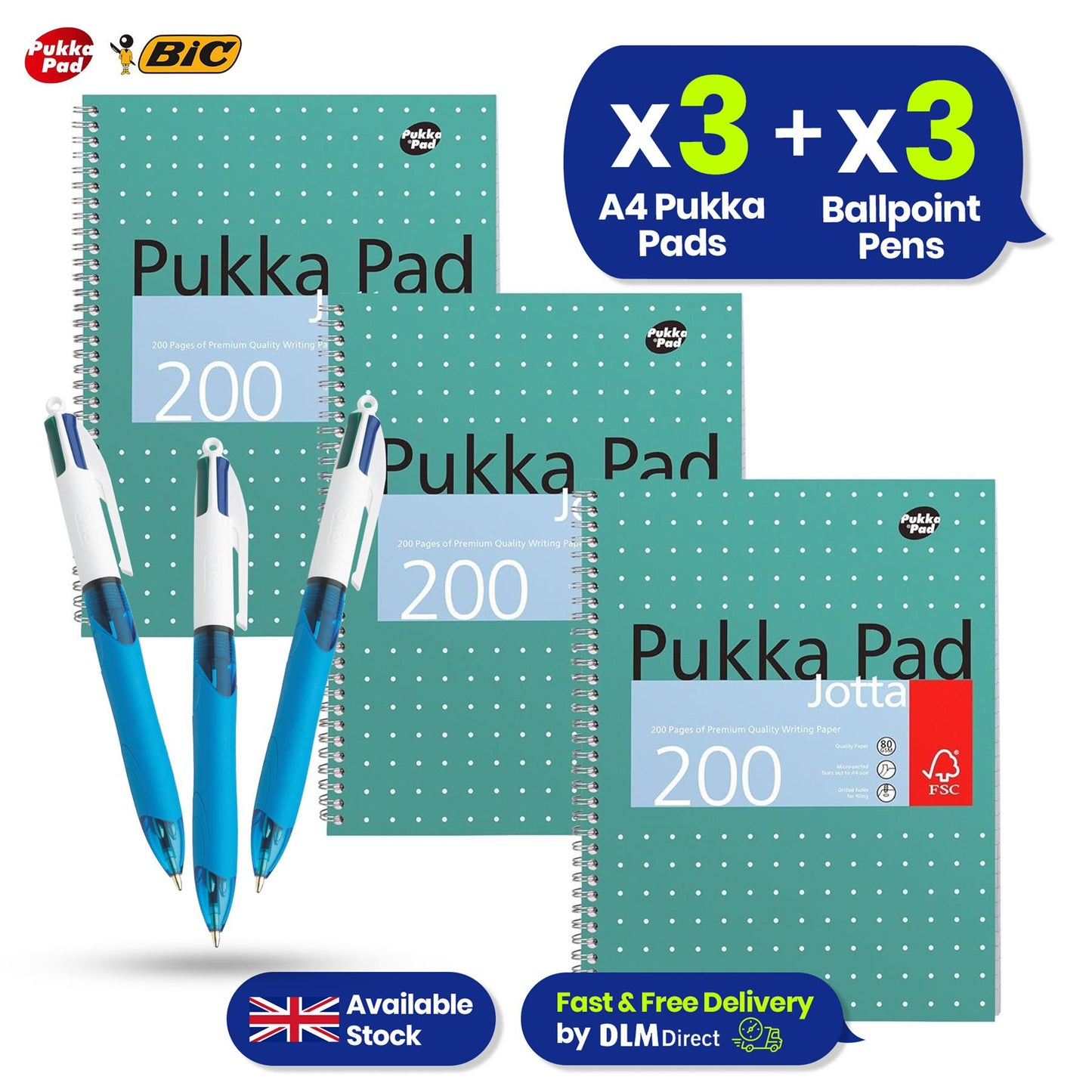 Pukka Pad 3x A4 Jotta Notebook & 3x BIC 4 Colours Ballpoint Pens1.0mm Medium Tip Ideal for School and Office Use